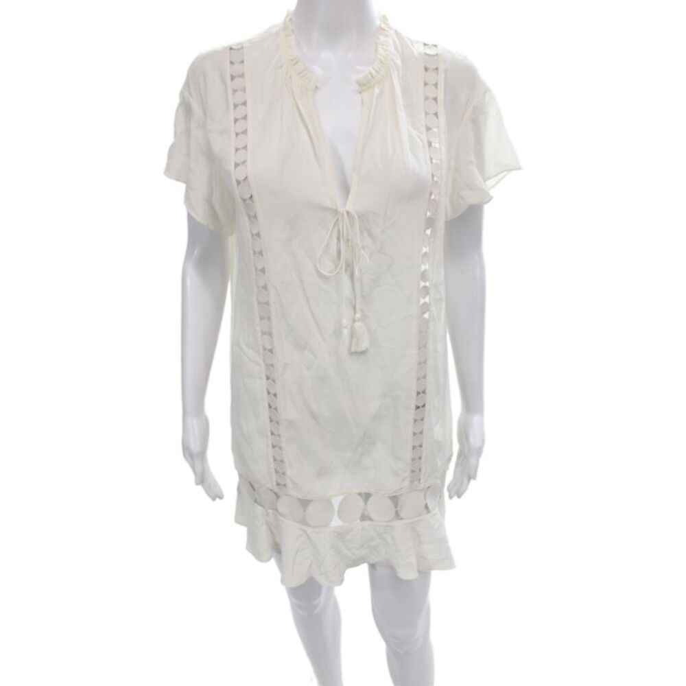 Kisuii Women Shift Dress Ivory Silk V-Neck Short Sleeve Bohemian Size S